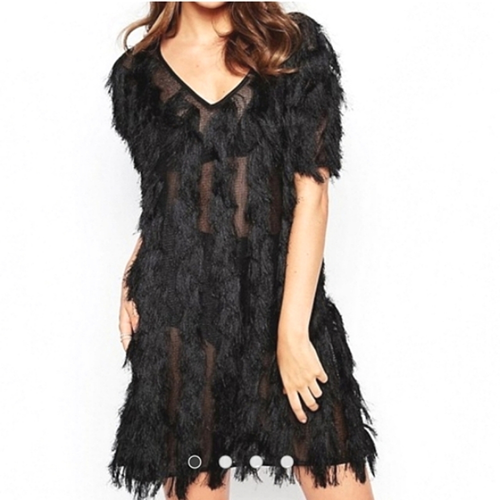 French Connection Fringe Mini Dress/Tunic Black Size 4 US, 8 UK NWT